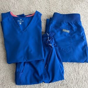 Med Couture Touch Women’s Scrubs, Royal Blue, medium top, two cargo jogger pant